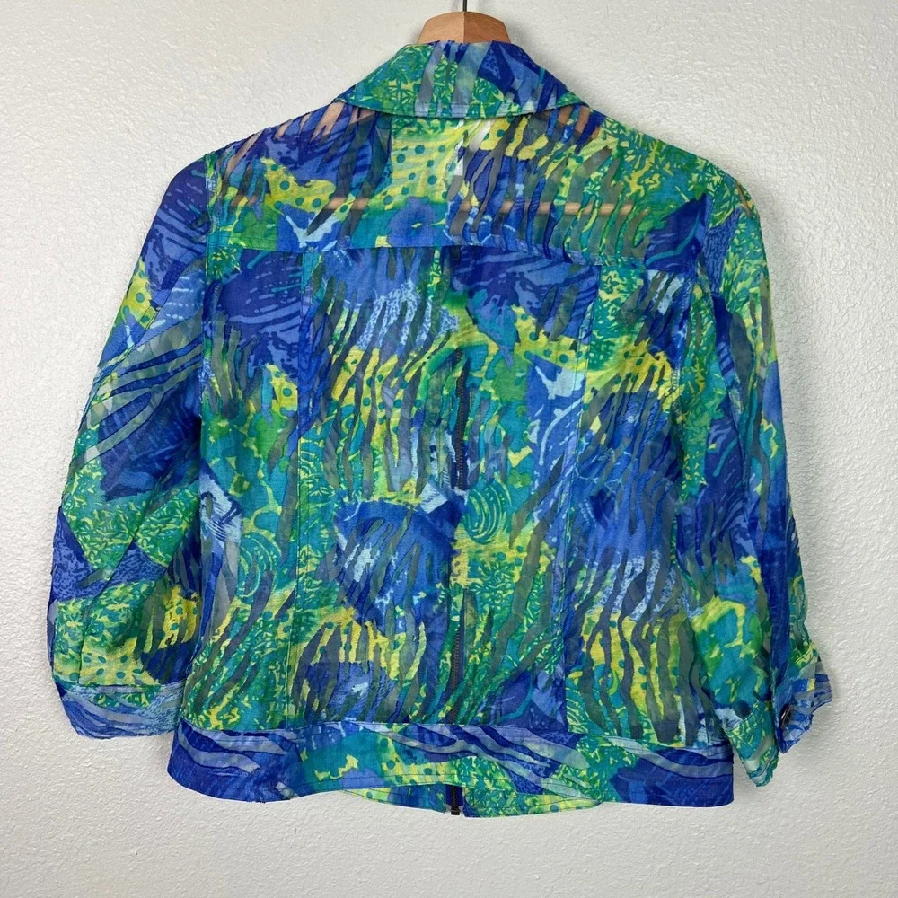 Coldwater Creek Women's Petite 4 Blue Green Burn out Sheer Zip 3/4 Sleeve Jacket